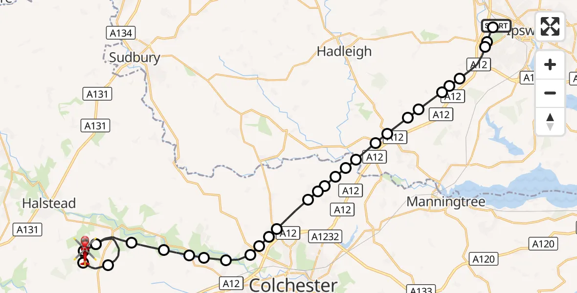 Flight route Air Ambulance Helicopter Sproughton - Earls Colne Airfield, 22 October 2026, 13:55