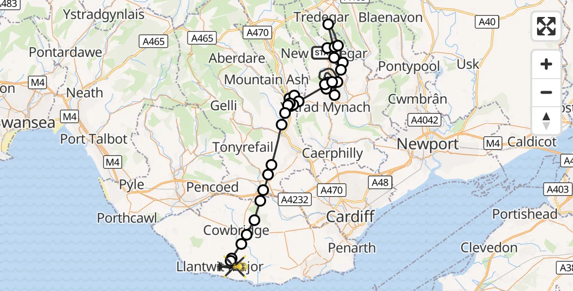 Flight route Police Helicopter New Tredegar - Boverton, 22 October 2026, 13:56