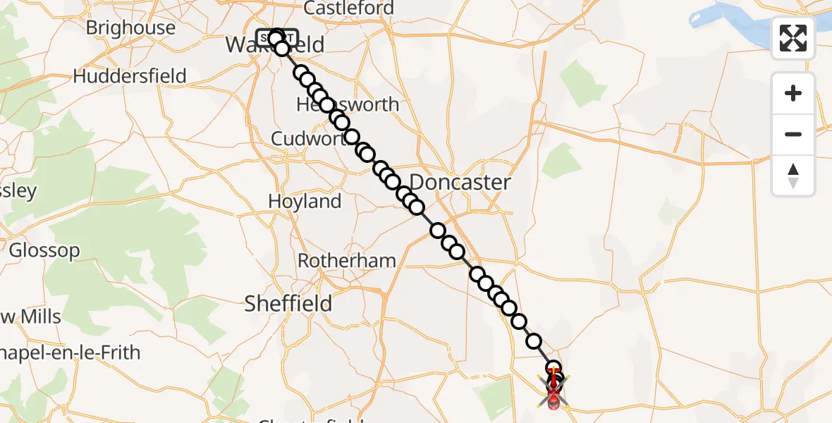 Flight route Air Ambulance Helicopter Newton Hill - Retford Gamston Airport, 22 October 2026, 13:56