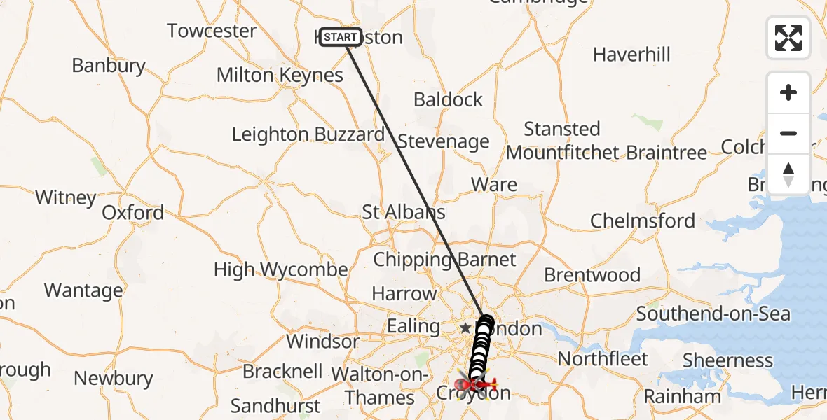 Flight route Air Ambulance Helicopter Stagsden - Selhurst, 22 October 2026, 13:57