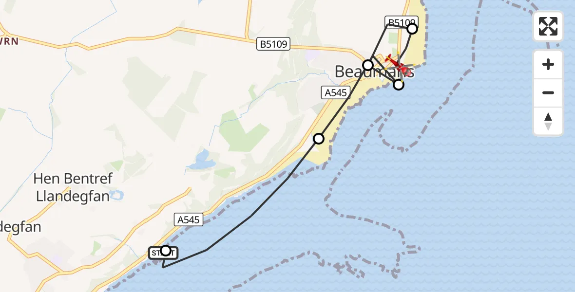 Flight route Air Ambulance Helicopter Menai Bridge - Beaumaris, 22 October 2026, 14:11