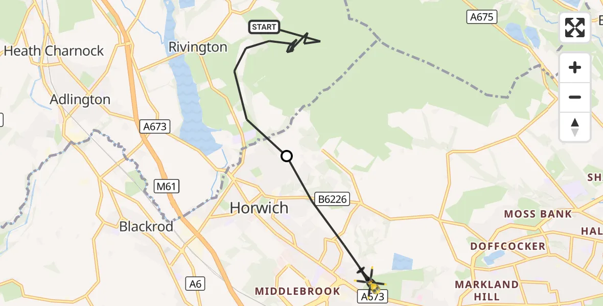 Flight route Police Helicopter Chorley - Horwich, 22 October 2026, 14:15
