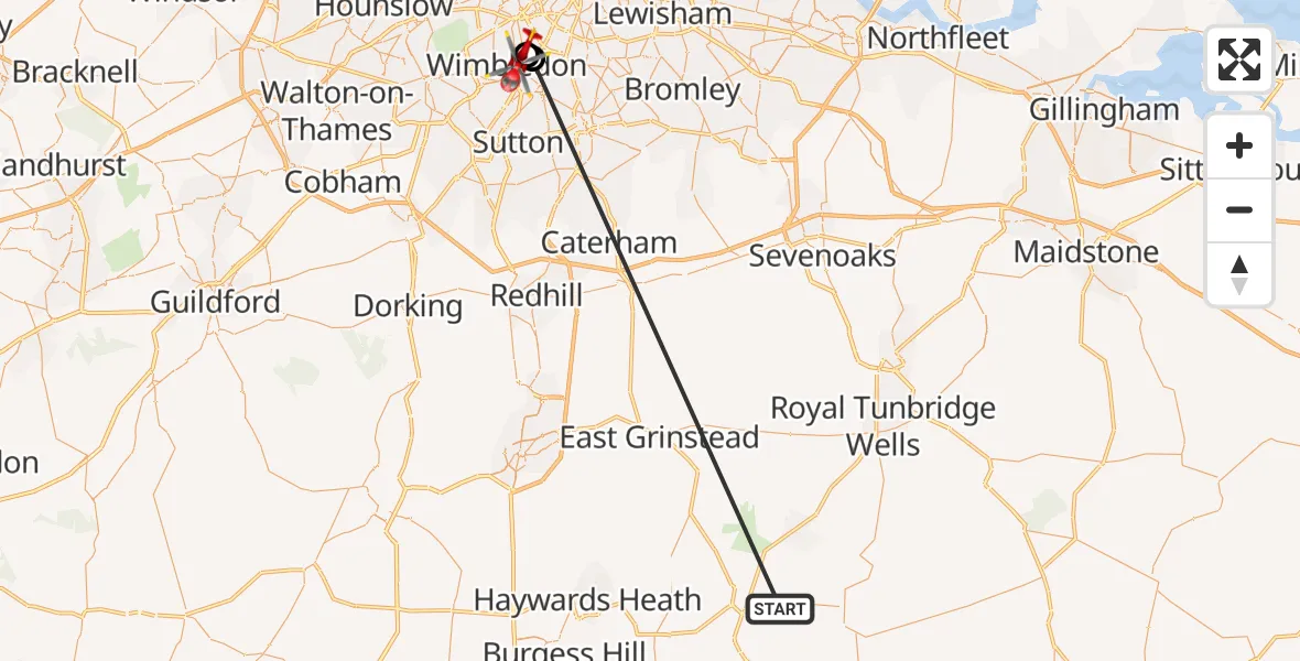 Flight route Air Ambulance Helicopter Buxted - Merton, 22 October 2026, 14:15