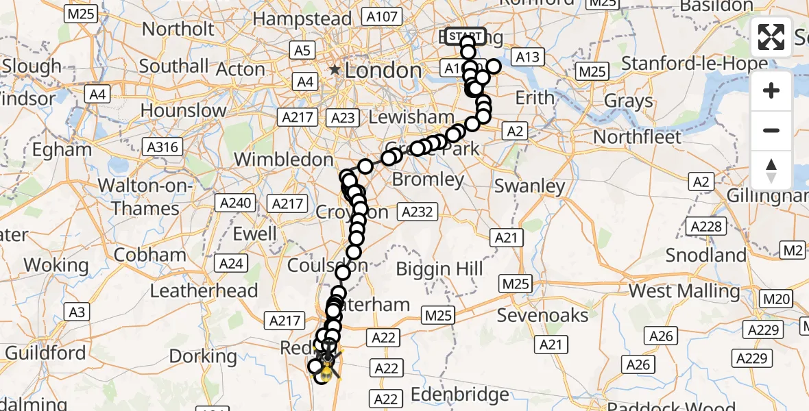 Flight route Police Helicopter Barking and Dagenham - South Nutfield, 22 October 2026, 14:32