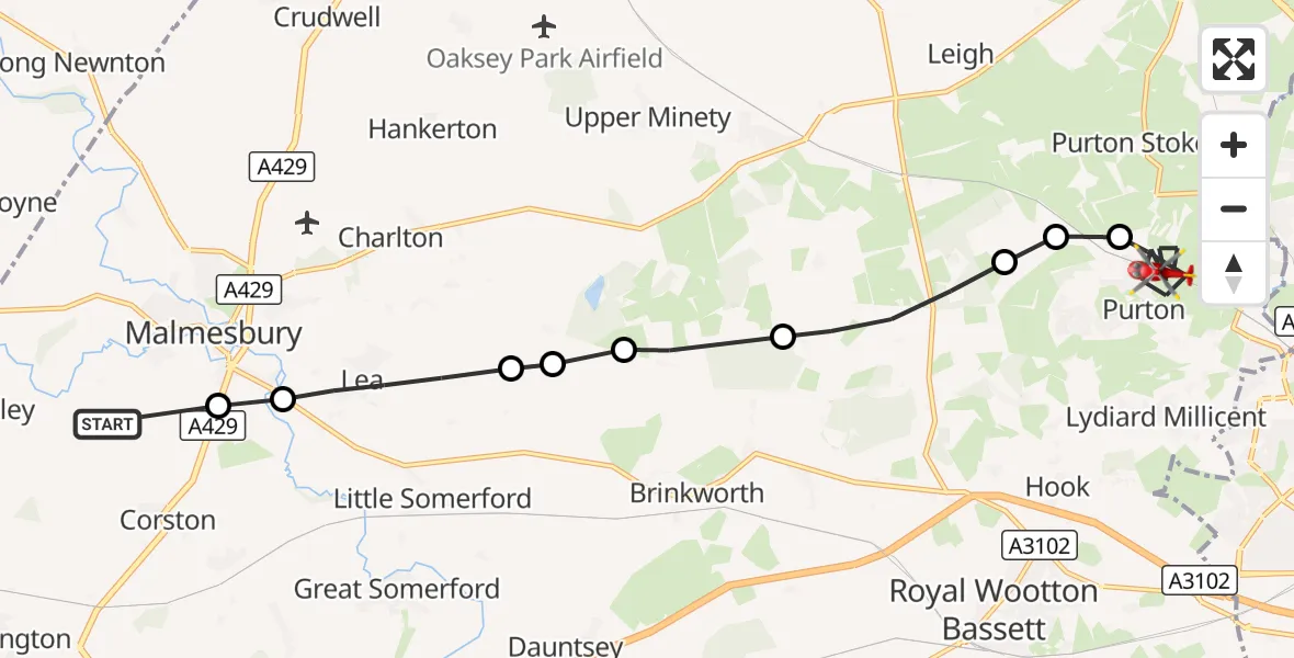 Flight route Air Ambulance Helicopter Corston - Purton, 22 October 2026, 14:31