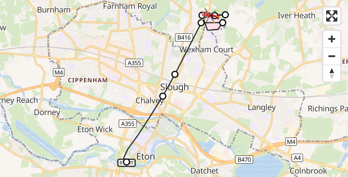 Flight route Air Ambulance Helicopter Windsor - Wexham Park Hospital, 22 October 2026, 14:32