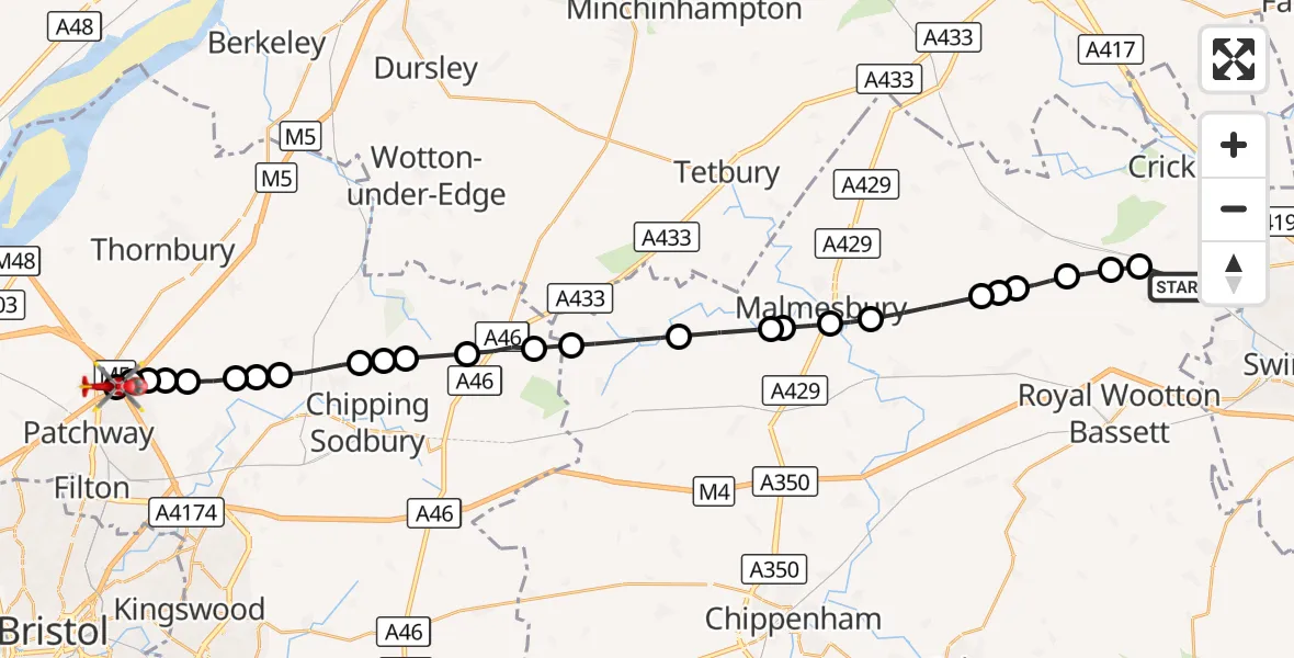 Flight route Air Ambulance Helicopter Purton - Almondsbury Helicopter Base, 22 October 2026, 14:49
