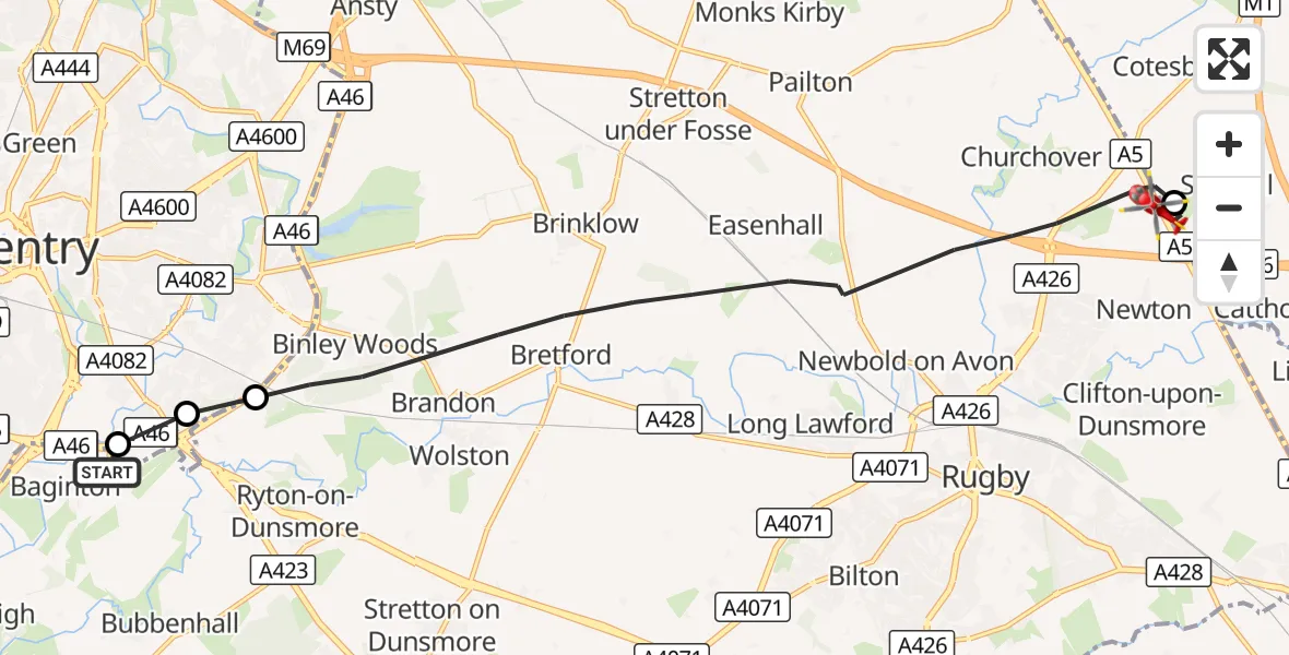 Flight route Air Ambulance Helicopter Coventry Airport - Harborough, 22 October 2026, 14:54
