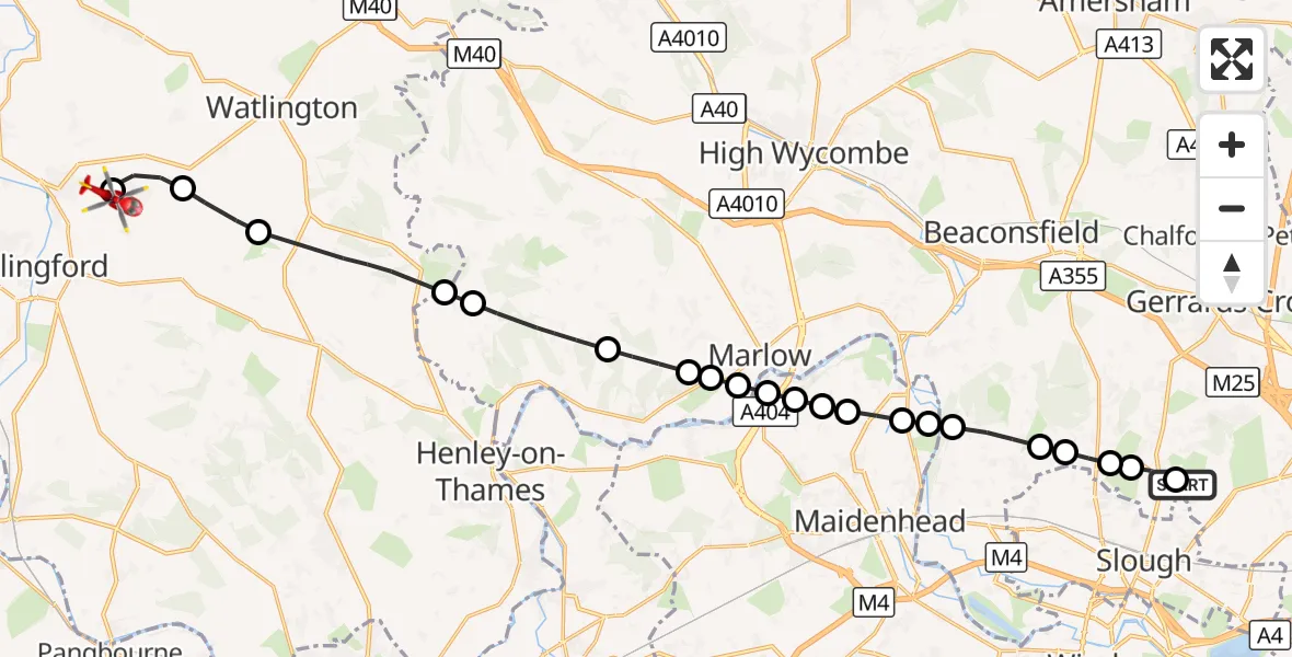 Flight route Air Ambulance Helicopter Wexham Park Hospital - RAF Benson, 22 October 2026, 15:07