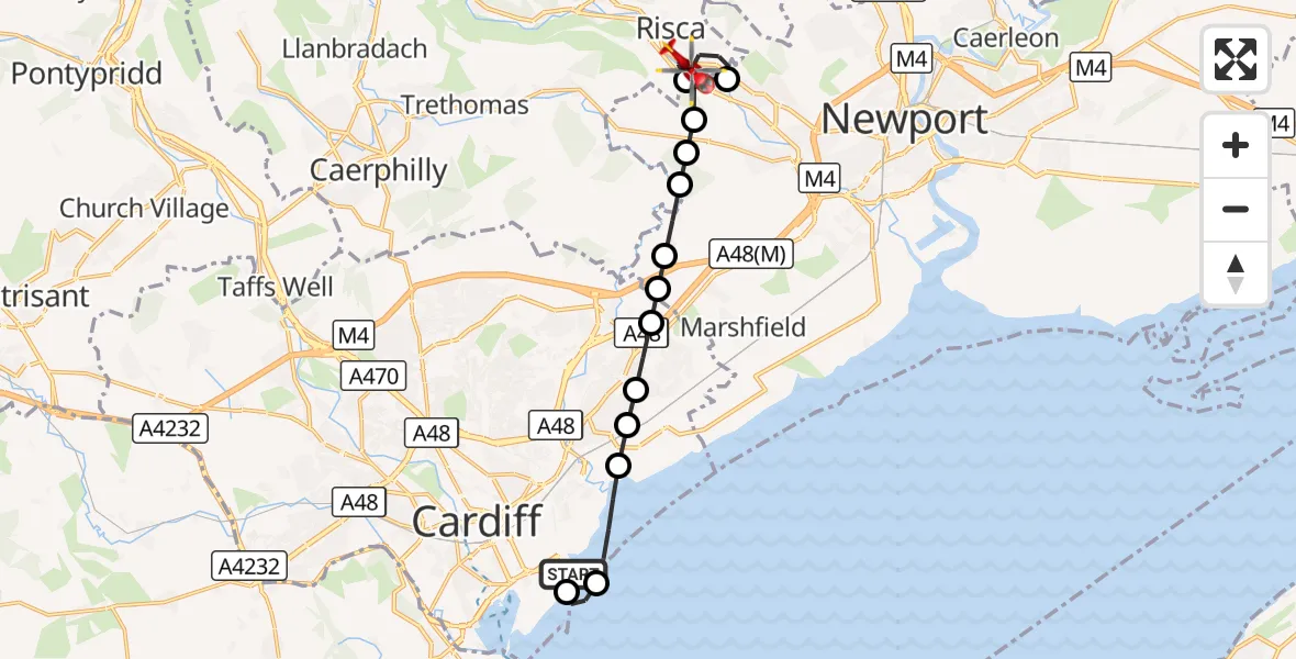 Flight route Air Ambulance Helicopter Cardiff Heliport - Risca, 22 October 2026, 15:09