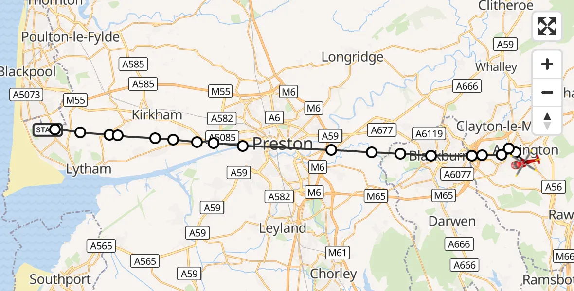 Flight route Air Ambulance Helicopter Blackpool Airport - Accrington, 22 October 2026, 15:23
