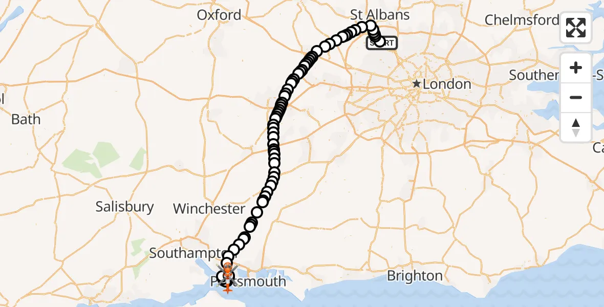 Flight route Coastguard Helicopter Elstree Airfield - Solent Airport, 22 October 2026, 15:25