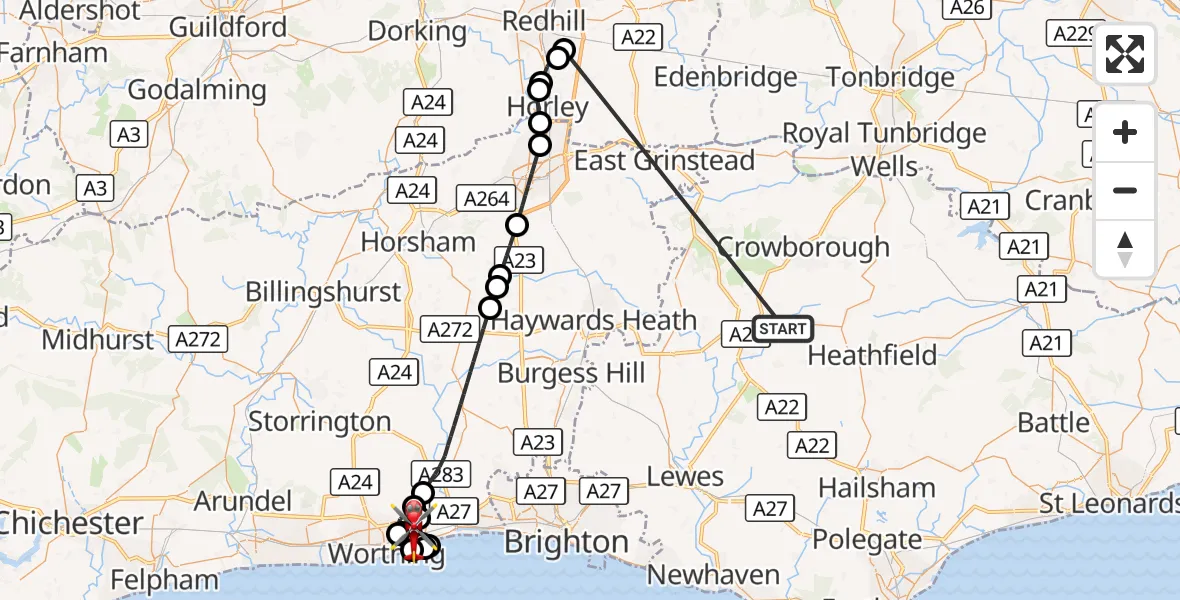 Flight route Air Ambulance Helicopter Buxted - Lancing, 22 October 2026, 15:35