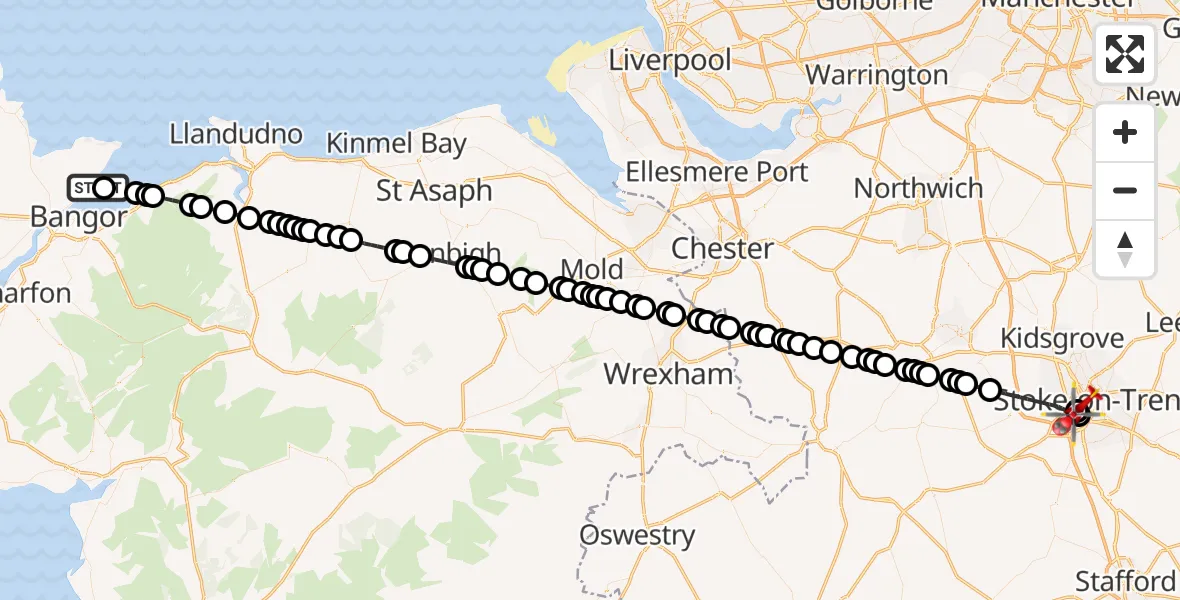 Flight route Air Ambulance Helicopter Beaumaris - University Hospital North Staffs, 22 October 2026, 15:36
