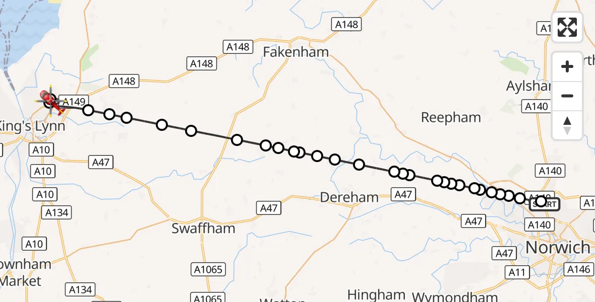 Flight route Air Ambulance Helicopter Norwich Airport - King's Lynn and West Norfolk, 22 October 2026, 15:42