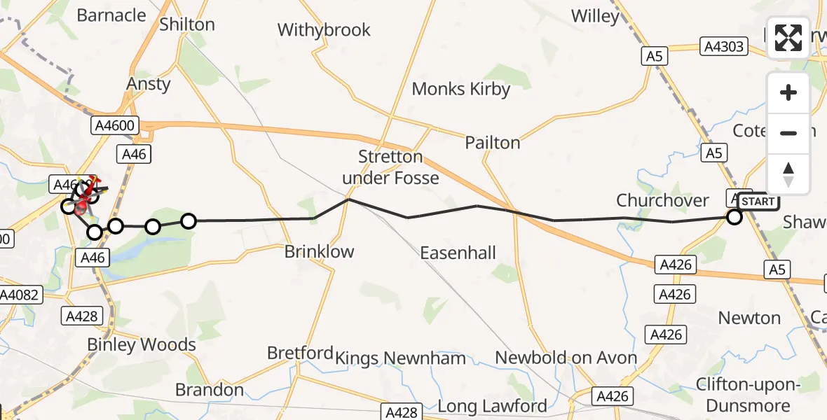 Flight route Air Ambulance Helicopter Harborough - Walsgrave, 22 October 2026, 15:44