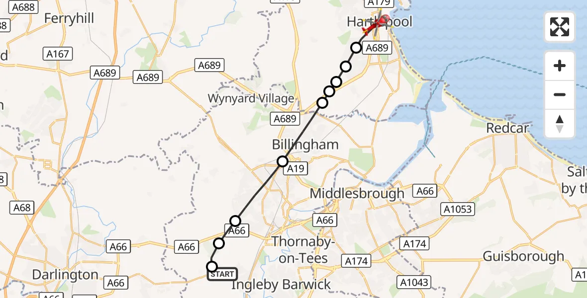 Flight route Air Ambulance Helicopter Egglescliffe - Hartlepool, 22 October 2026, 16:08