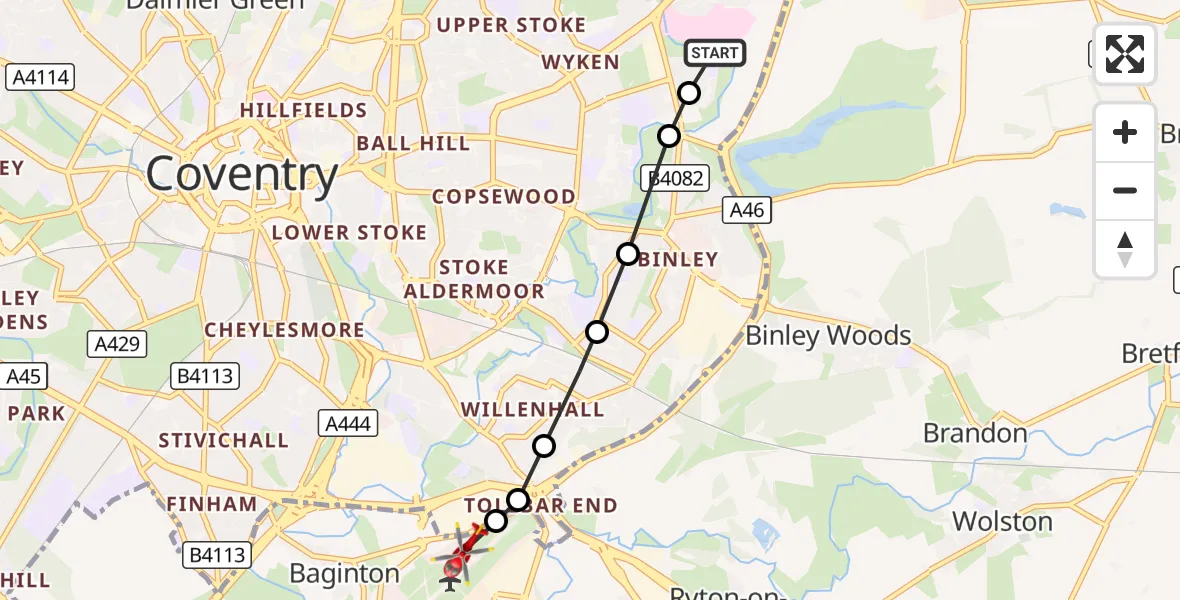Flight route Air Ambulance Helicopter University Hospital Coventry - Coventry Airport, 22 October 2026, 16:12