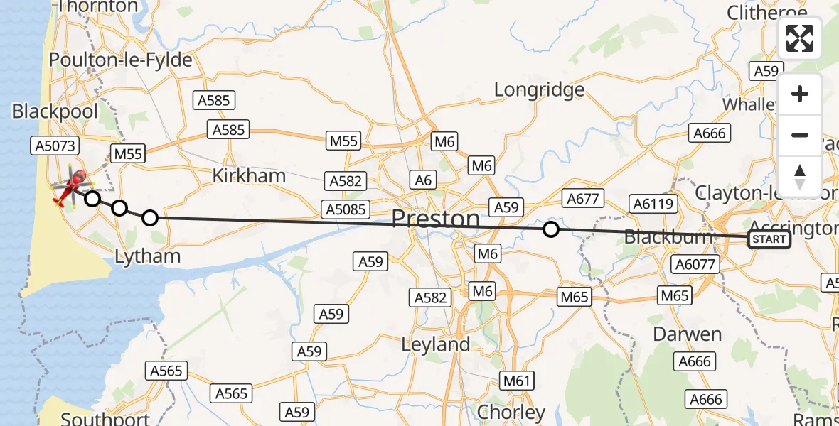 Flight route Air Ambulance Helicopter Church - Blackpool Airport, 22 October 2026, 16:14