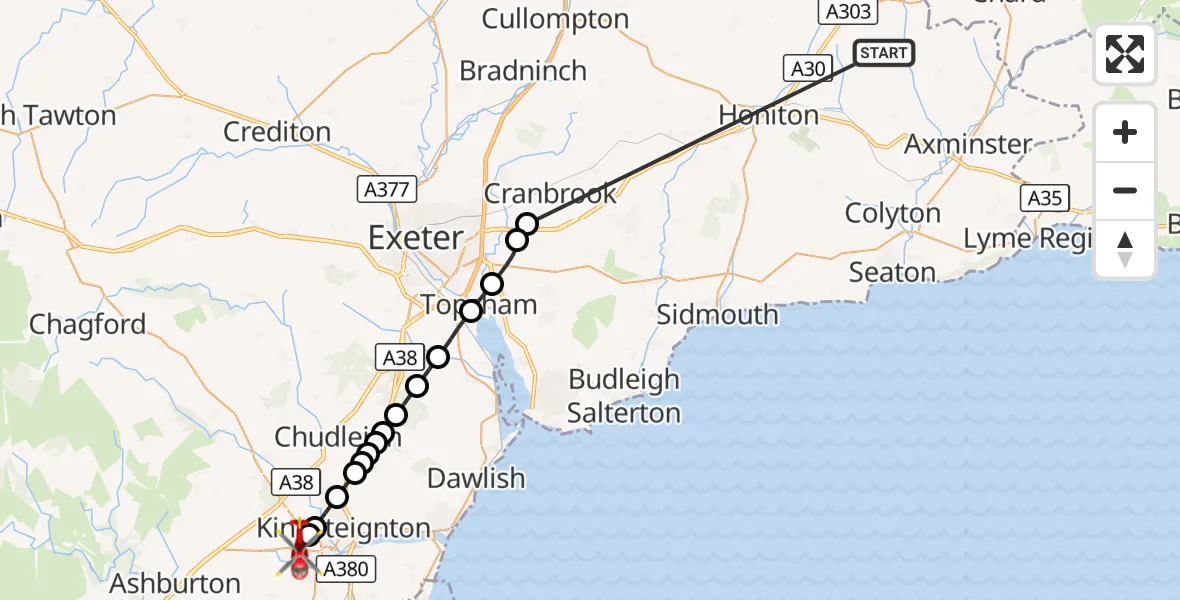 Flight route Air Ambulance Helicopter Stockland - Newton Abbot, 22 October 2026, 16:25
