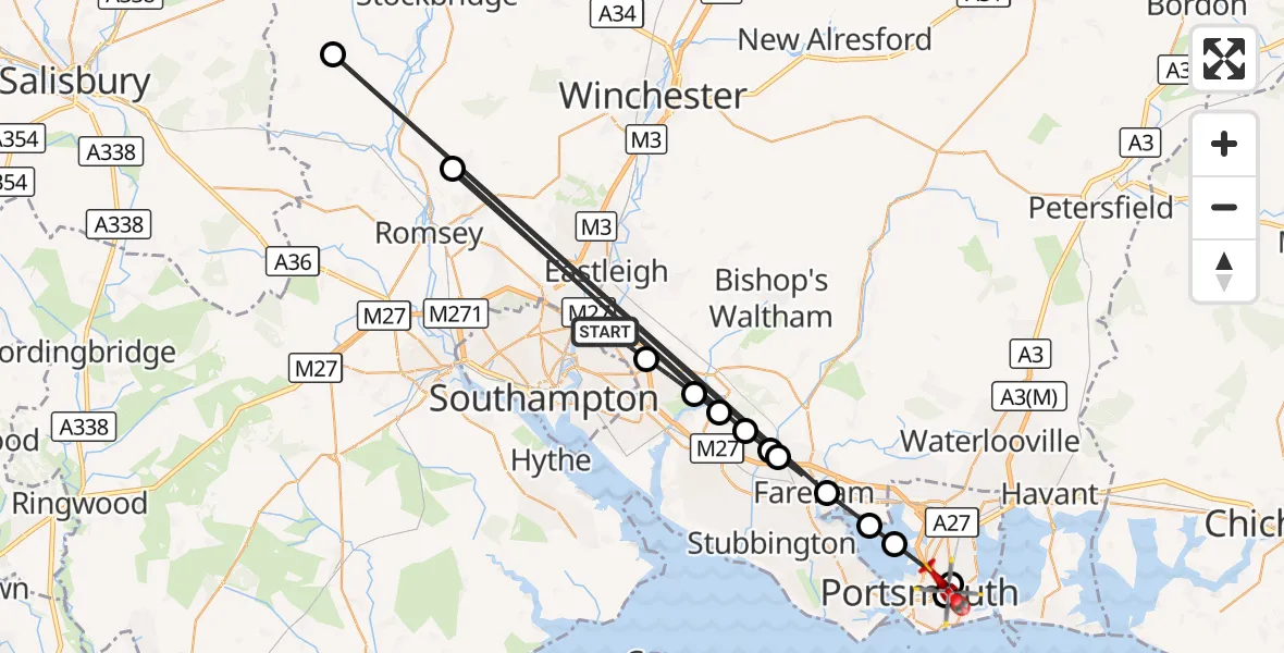 Flight route Air Ambulance Helicopter Eastleigh - Fratton, 22 October 2026, 16:27