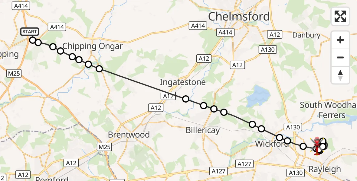 Flight route Air Ambulance Helicopter North Weald Airfield - Rochford, 22 October 2026, 16:32