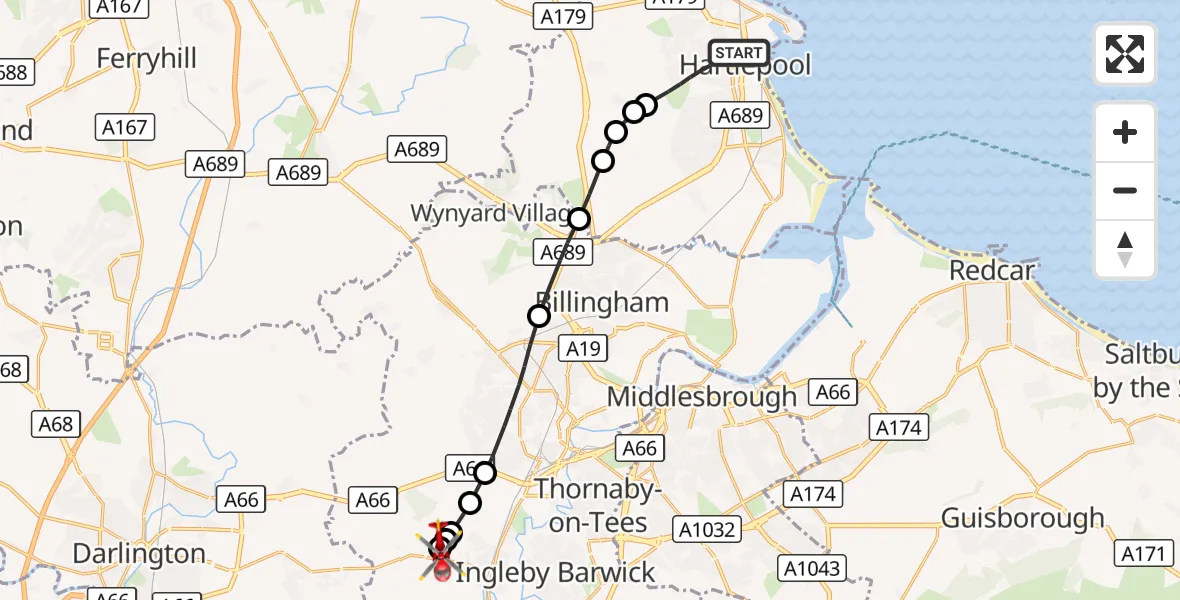 Flight route Air Ambulance Helicopter Hartlepool - Egglescliffe, 22 October 2026, 16:38
