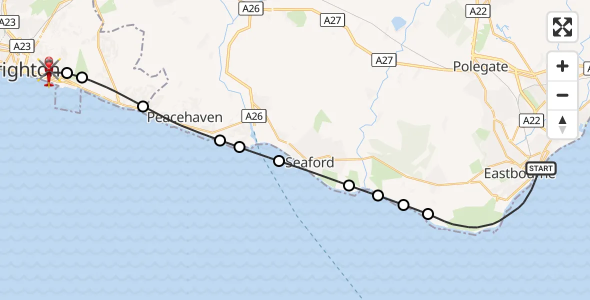 Flight route Air Ambulance Helicopter Eastbourne - Brighton, 22 October 2026, 16:41