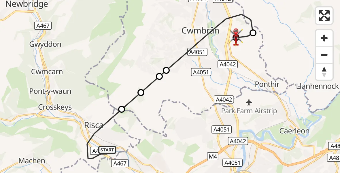 Flight route Air Ambulance Helicopter Risca - Grange University Hospital Heliport, 22 October 2026, 16:43
