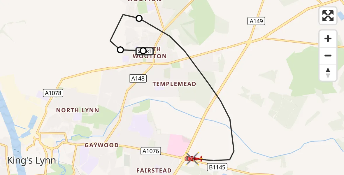 Flight route Air Ambulance Helicopter King's Lynn - King's Lynn and West Norfolk, 22 October 2026, 16:44
