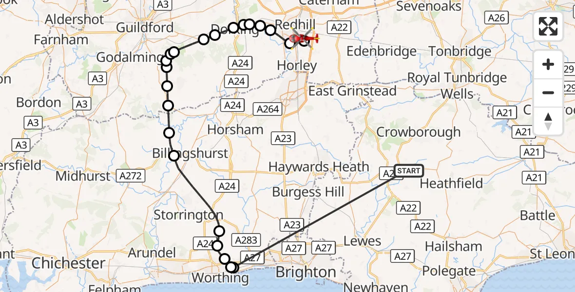 Flight route Air Ambulance Helicopter Buxted - Redhill Aerodrome, 22 October 2026, 16:50