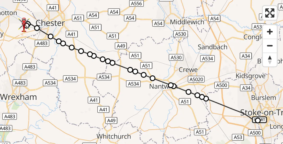 Flight route Air Ambulance Helicopter University Hospital North Staffs - Hawarden Airport, 22 October 2026, 16:51