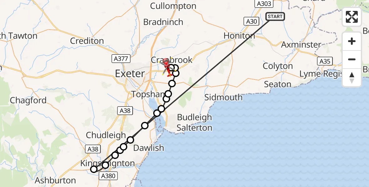 Flight route Air Ambulance Helicopter Stockland - Exeter International Airport, 22 October 2026, 17:04