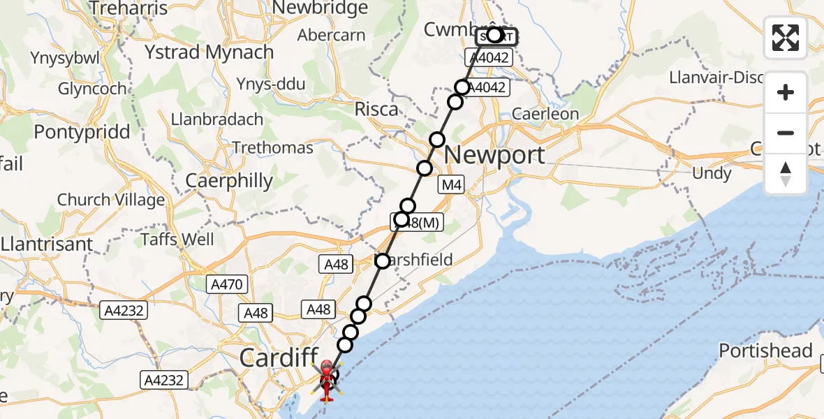 Flight route Air Ambulance Helicopter Grange University Hospital Heliport - Cardiff Heliport, 22 October 2026, 17:12