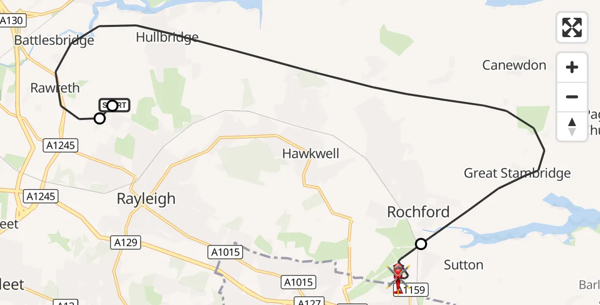 Flight route Air Ambulance Helicopter Rochford - London Southend Airport, 22 October 2026, 17:15