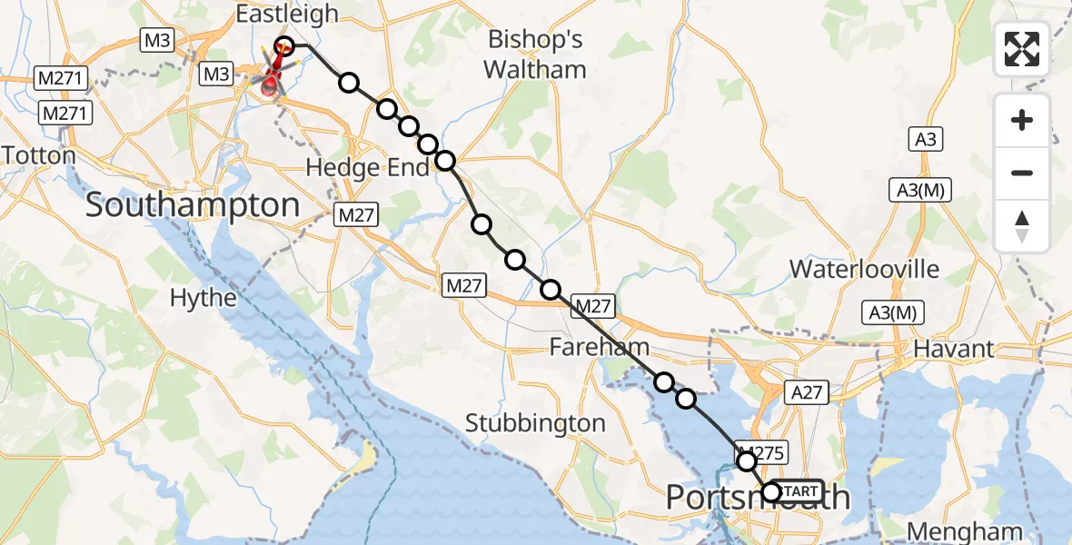 Flight route Air Ambulance Helicopter Fratton - Southampton Airport, 22 October 2026, 17:17