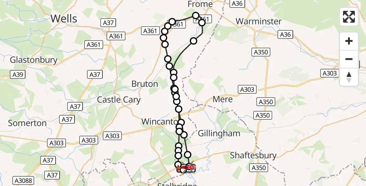 Flight route Air Ambulance Helicopter Henstridge Airfield - Henstridge Airfield, 22 October 2026, 17:53