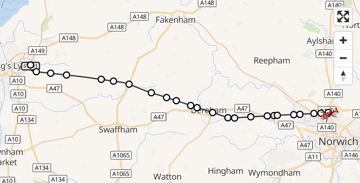Flight route Air Ambulance Helicopter Queen Elizabeth Hospital - Norwich Airport, 22 October 2026, 18:03