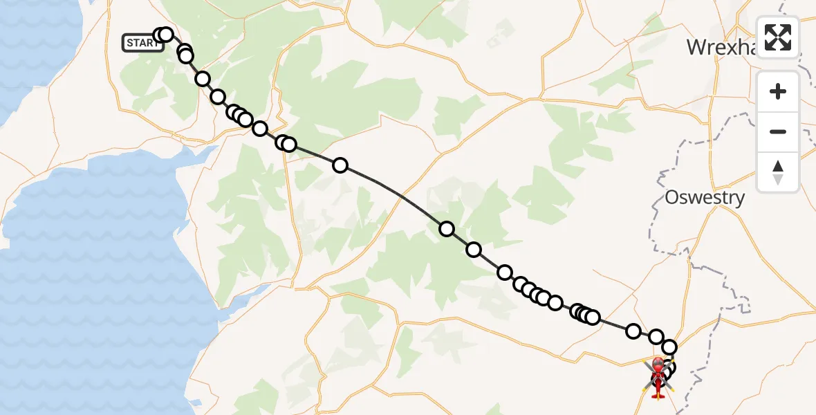Flight route Air Ambulance Helicopter Nantlle - Welshpool Airport, 22 October 2026, 18:16