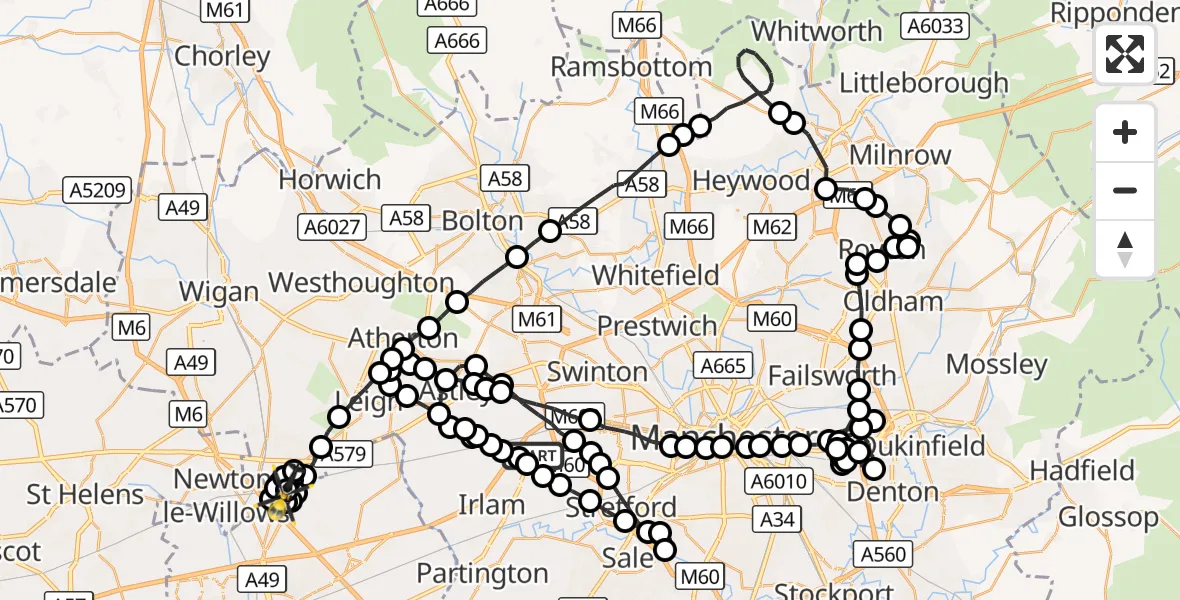 Flight route Police Helicopter Manchester Barton Aerodrome - Kenyon Hall Farm Airstrip, 22 October 2026, 18:36