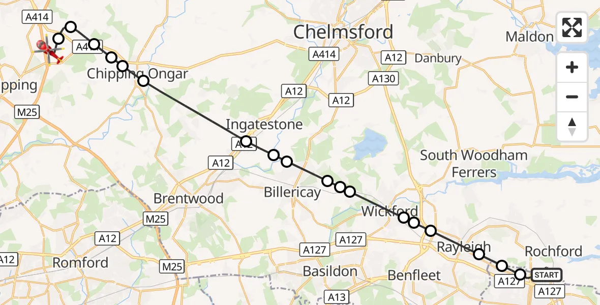 Flight route Air Ambulance Helicopter London Southend Airport - North Weald Airfield, 22 October 2026, 18:39