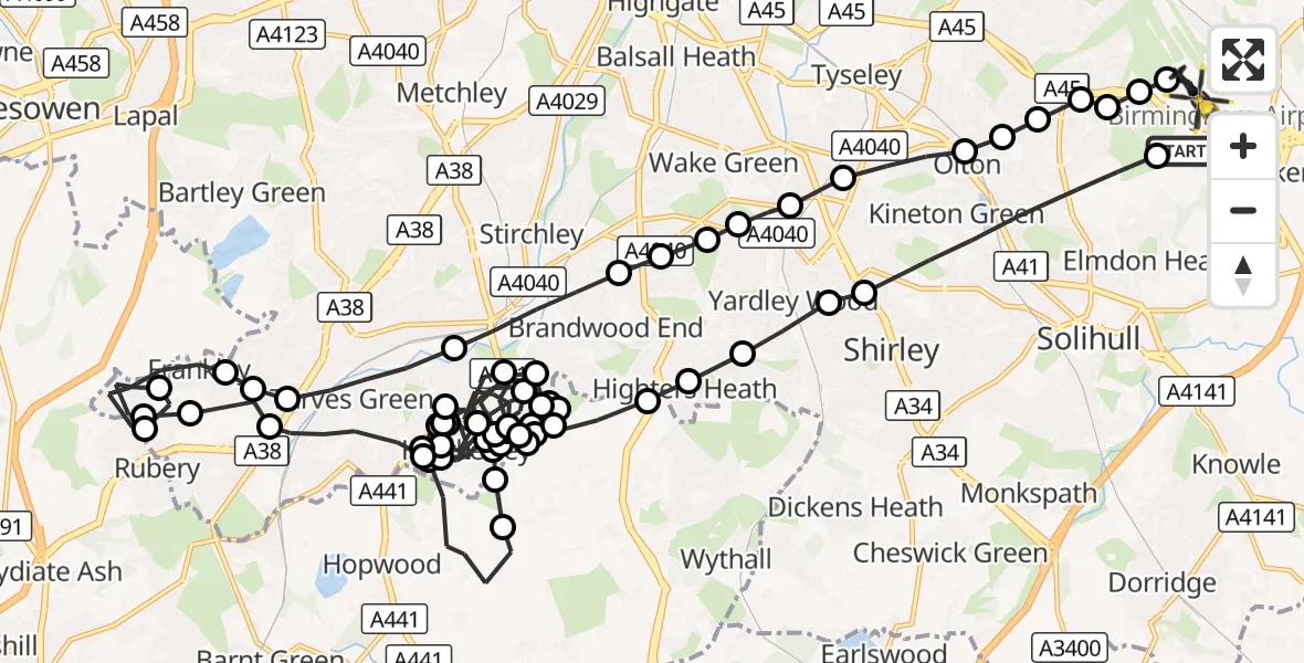 Flight route Police Helicopter Solihull - Birmingham Airport, 22 October 2026, 18:53