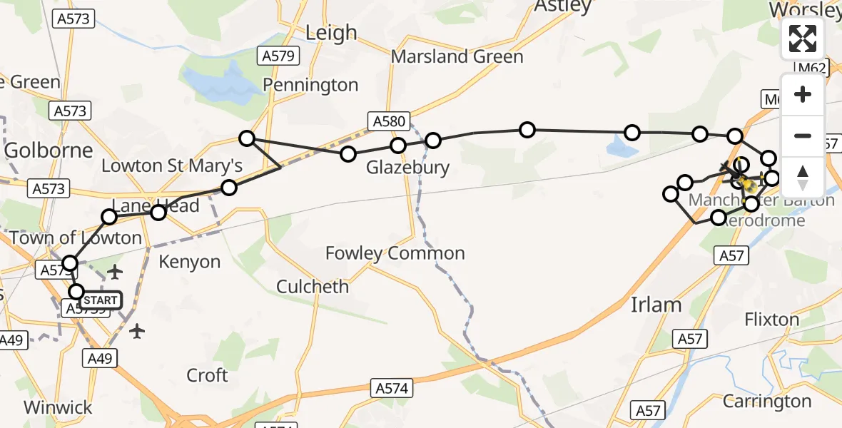 Flight route Police Helicopter Kenyon Hall Farm Airstrip - Manchester Barton Aerodrome, 22 October 2026, 19:40