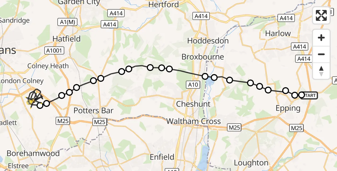 Flight route Police Helicopter North Weald Airfield - Shenley, 22 October 2026, 20:10