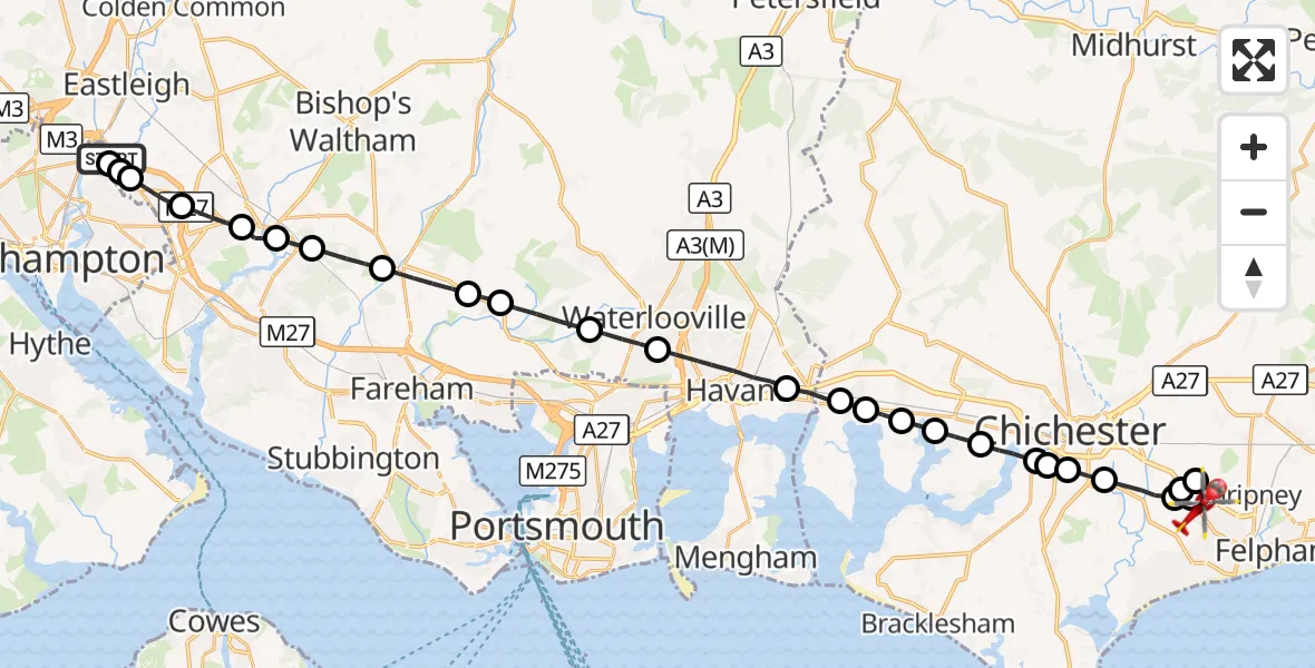 Flight route Air Ambulance Helicopter Southampton Airport - North Bersted, 22 October 2026, 20:15