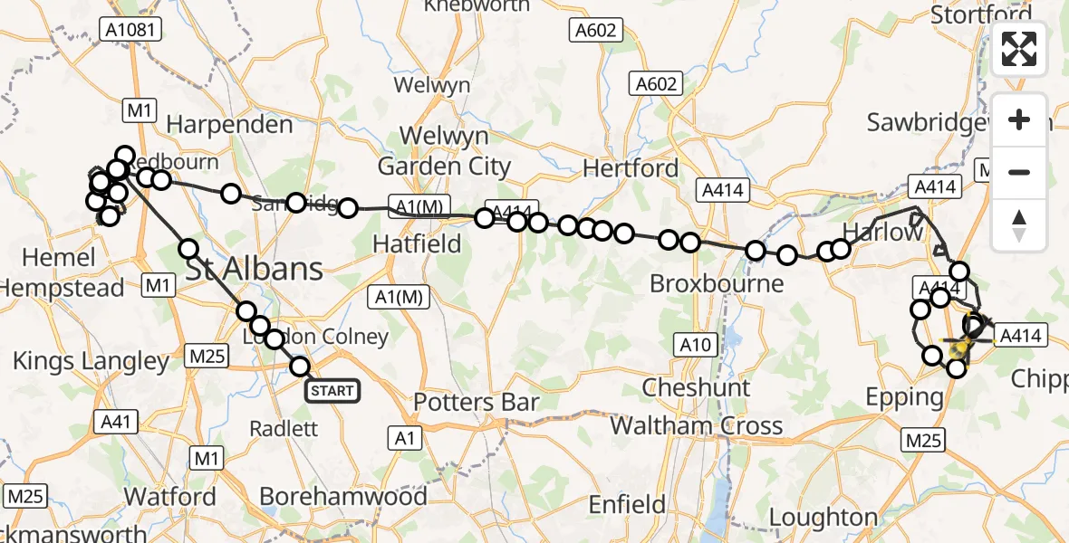 Flight route Police Helicopter Shenley - North Weald Airfield, 22 October 2026, 20:25