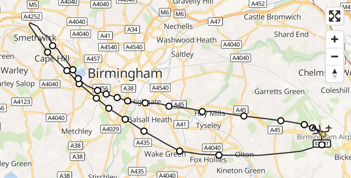 Flight route Police Helicopter Birmingham Airport - Birmingham Airport, 22 October 2026, 21:46