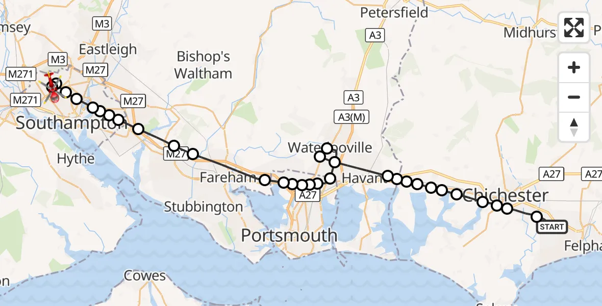 Flight route Air Ambulance Helicopter Chichester - University Hospital Southampton, 22 October 2026, 21:52