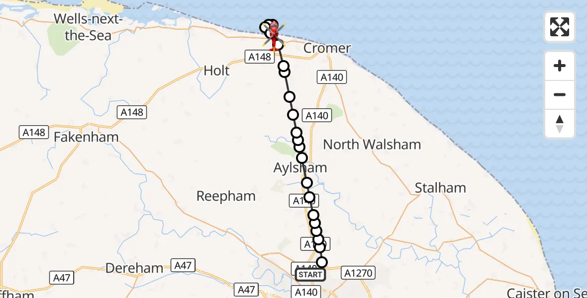 Flight route Air Ambulance Helicopter Norwich Airport - Sheringham, 22 October 2026, 22:38