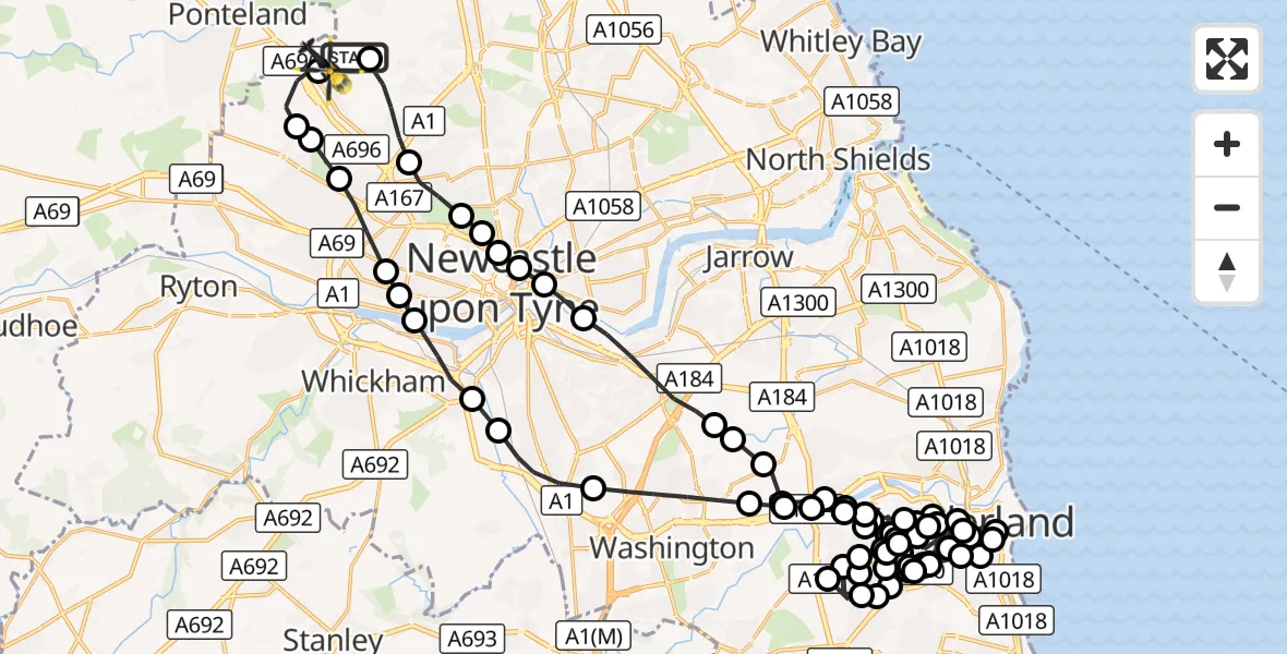 Flight route Police Helicopter Newcastle International Airport - Newcastle International Airport, 22 October 2026, 22:42